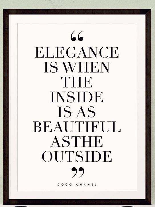 Elegance is when the inside is as beautiful as the outside quote wall art  print, in brush lettering, black and white and contemporary.