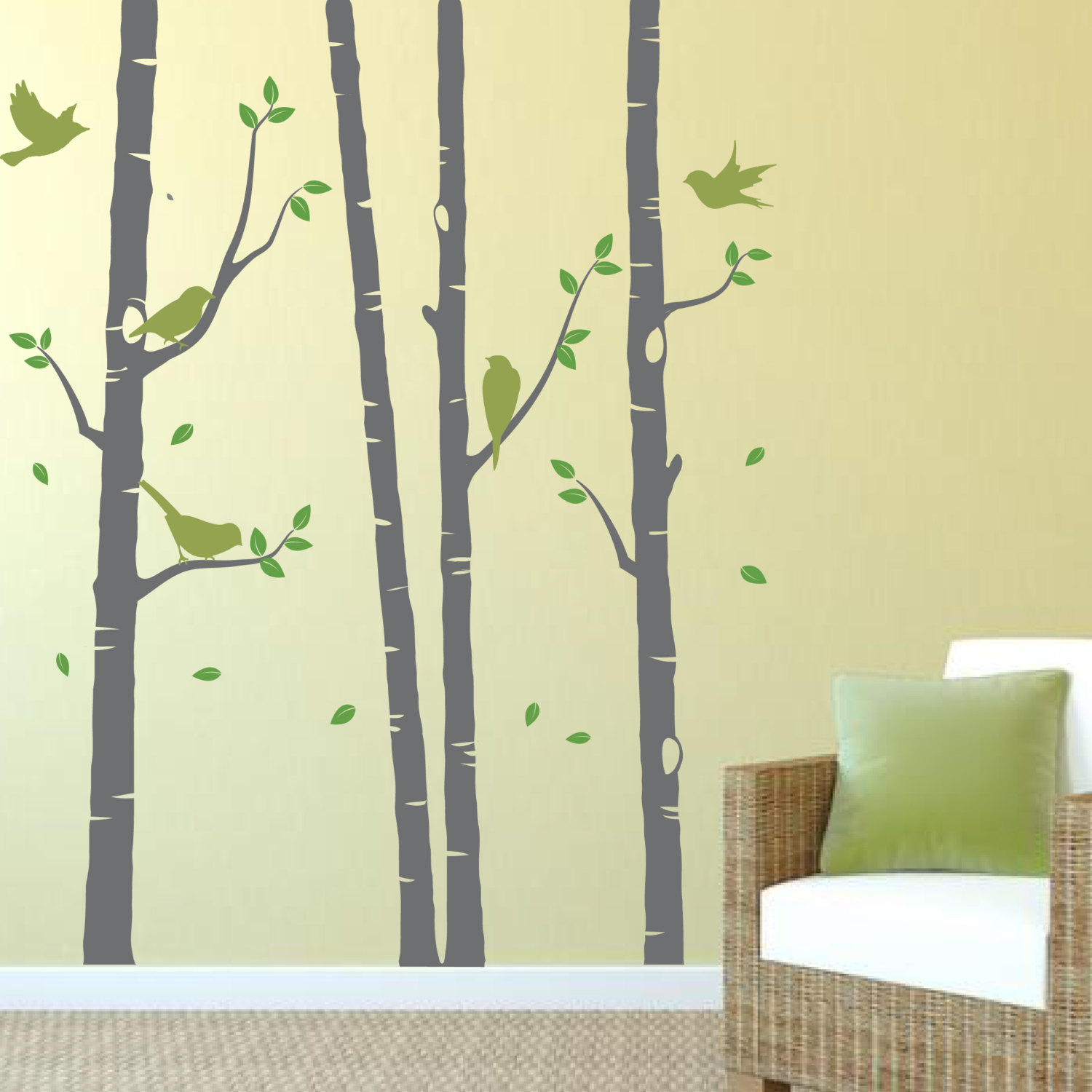 4 birch tree wall stickers with birds