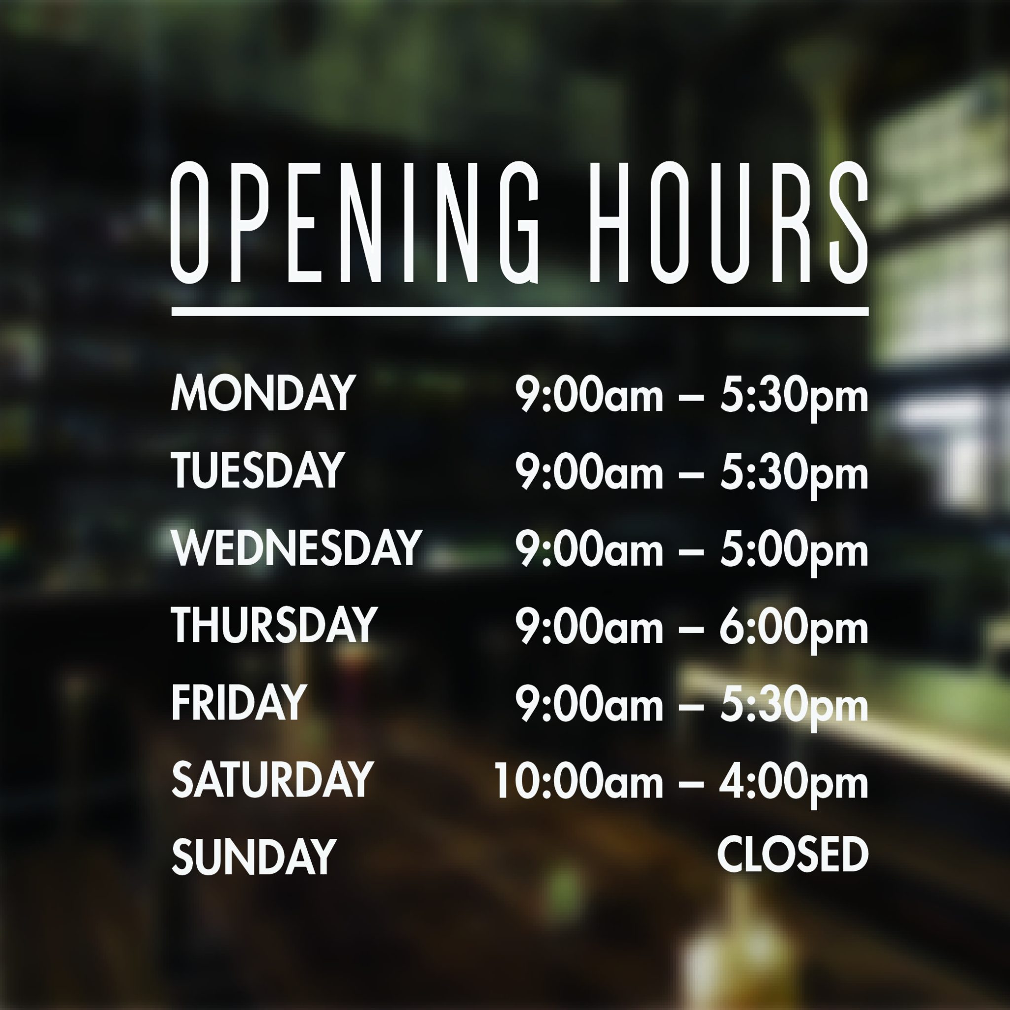 Opening Hours Times Shop Custom Vinyl Sign Sticker Decal 40cm wide 