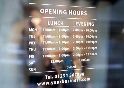 business hours signs two sets of times 3-window sticker decal
